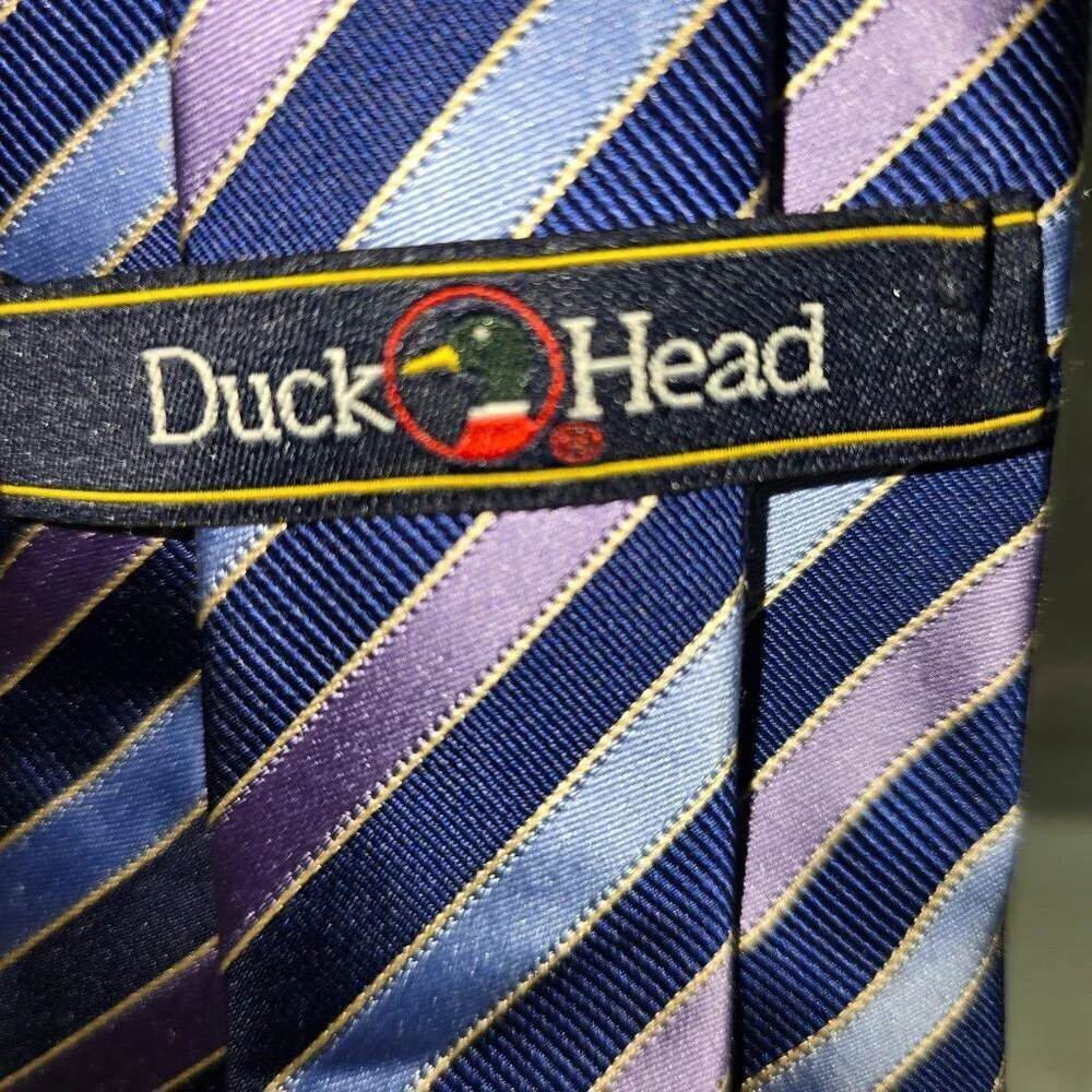 DUCK HEAD HANDMADE SILK TIE DIAGONAL STRIPES IN LIGHT BLUE NAVY AND PURPLE EUC